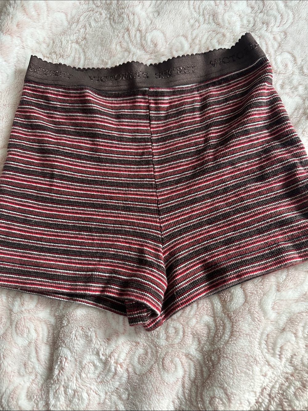 Victoria's Secret Striped Knit Boyshorts - Burgundy, Black & White